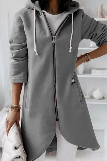 Casual Solid Draw String Zipper Hooded Collar Outerwear
