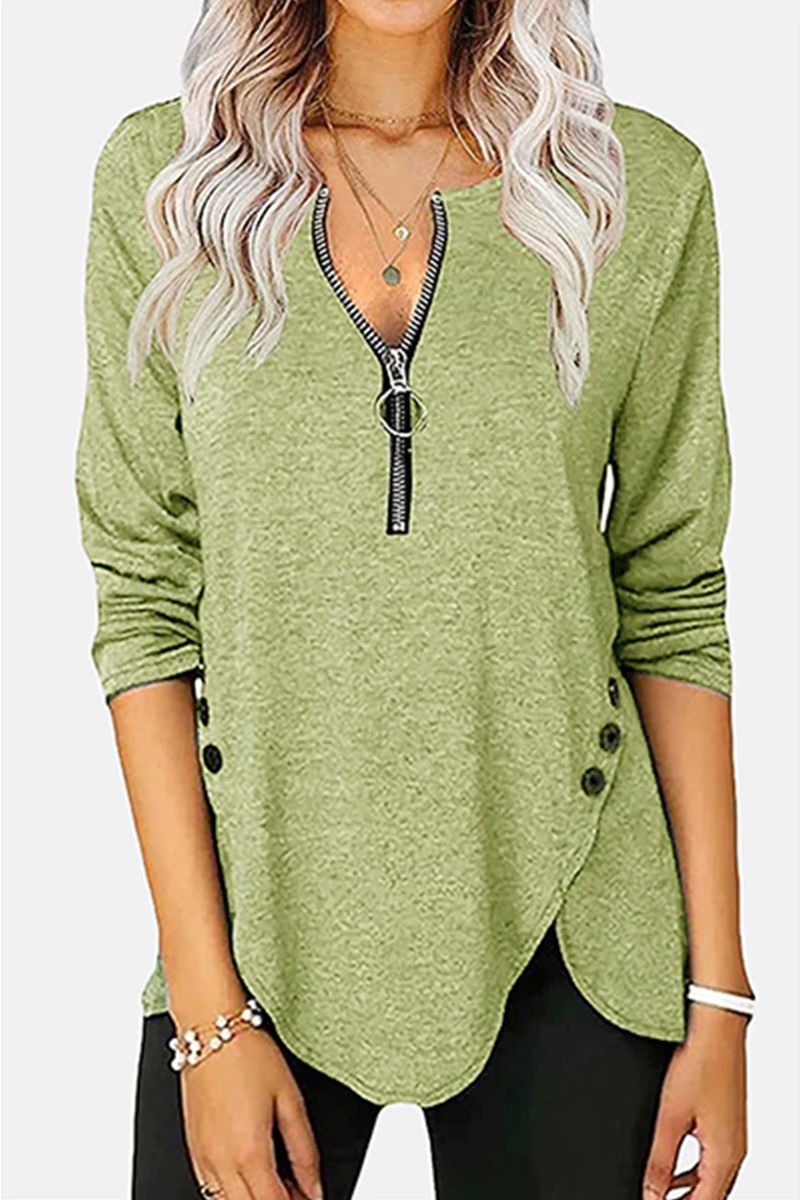 Casual Solid Buckle Asymmetrical Zipper Collar Tops