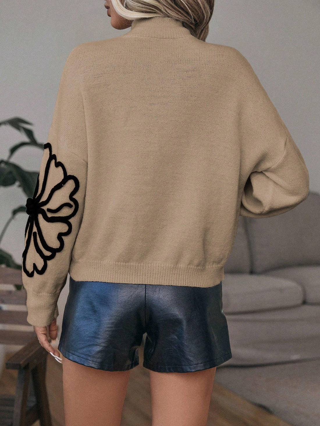 Women's Floral Mock Neck Long Sleeve Cute Pullover Knit Sweater Tops