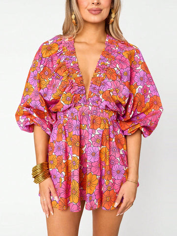 Women's Casual Deep V Neck Puff Sleeve Jumpsuit Oversized Overalls