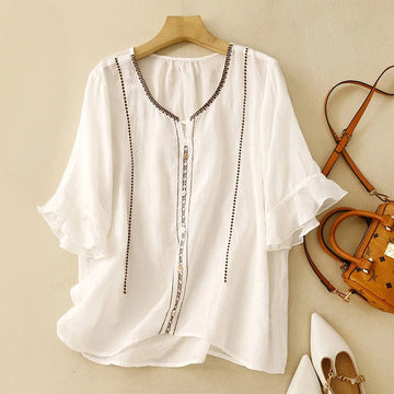Women's Ruffle Sleeve Blouse with Pattern Design and Lightweight Fabric