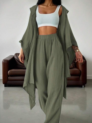Women Solid Color Batwing Sleeve Hoodie Sweatshirt And Pants Set