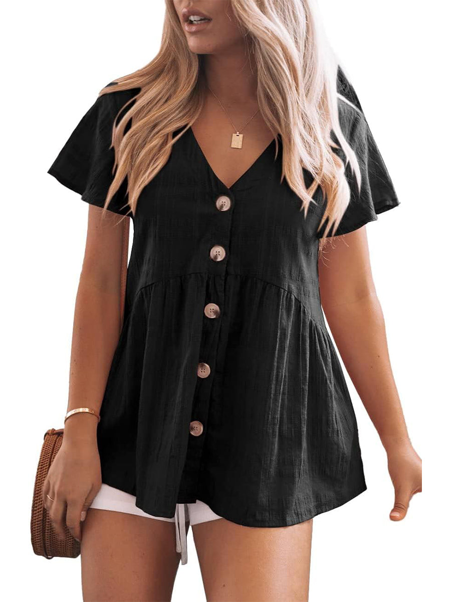 Women's V Neck Button Down Ruffle Hem Short Sleeve Babydoll Peplum Tops