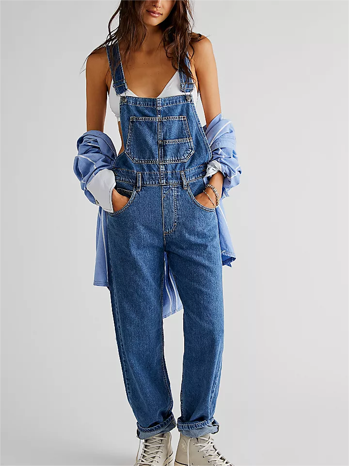 Women's Casual Adjustable Straps Denim Wide Leg Jumpsuit with Pockets