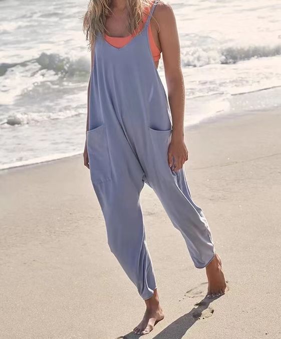 Solid V-Neck Sling Pocket Jumpsuit