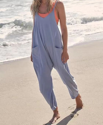 Solid V-Neck Sling Pocket Jumpsuit