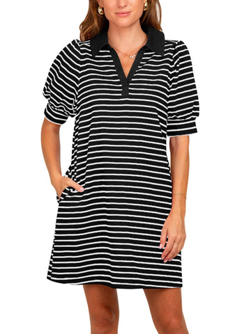 Women's Striped Puff Polo T-shirt Dresses with Pockets