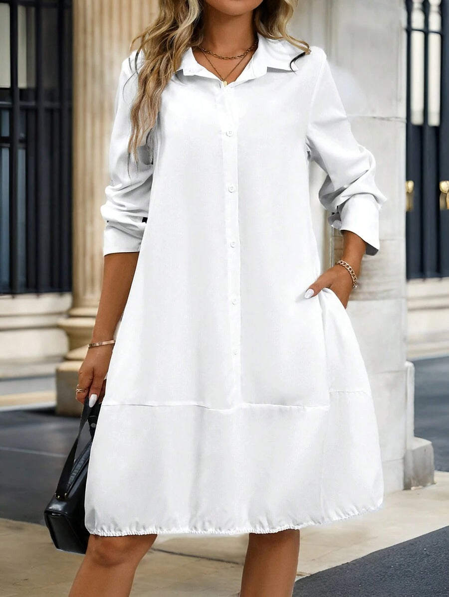 Women's Summer Loose Solid Color Lapel Midi Dress Shirt Dress