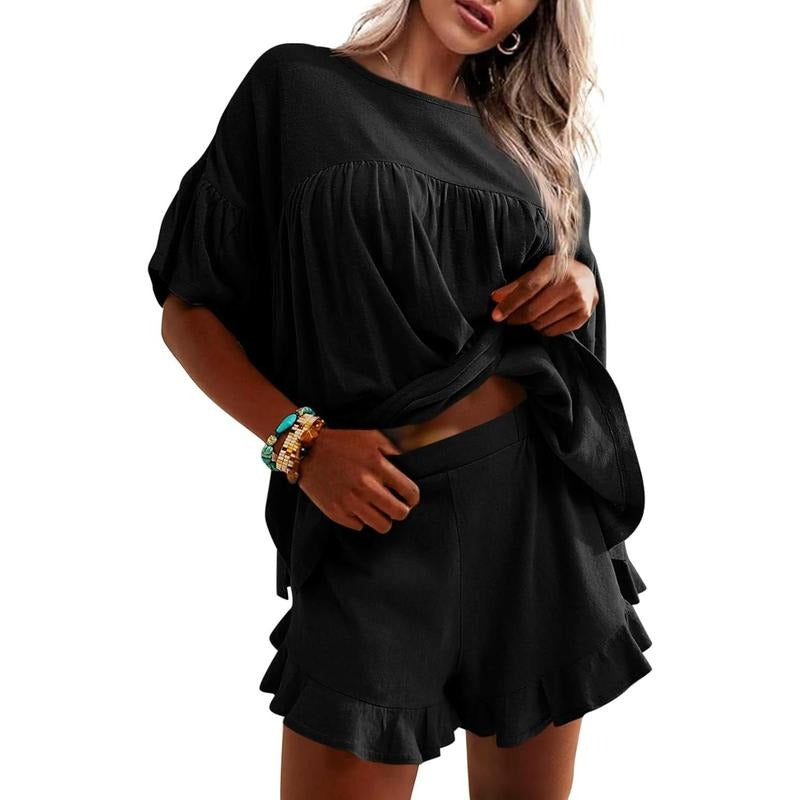Ruffle Sleeve Babydoll Top and Ruffle‑Hem Shorts Lounge Set