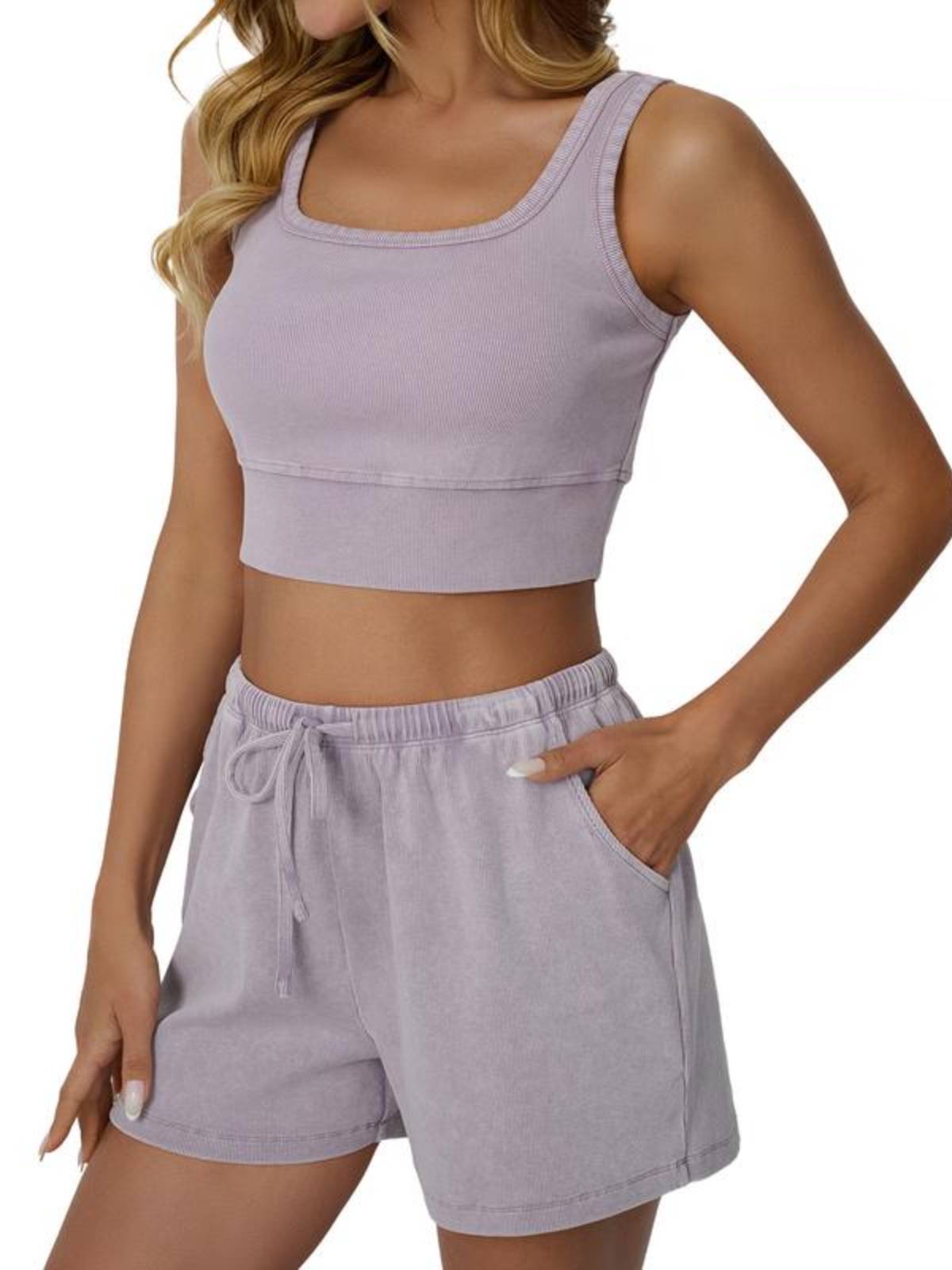 Womens Cropped Casual Acid Wash Ribbed Vest 2-Piece Set