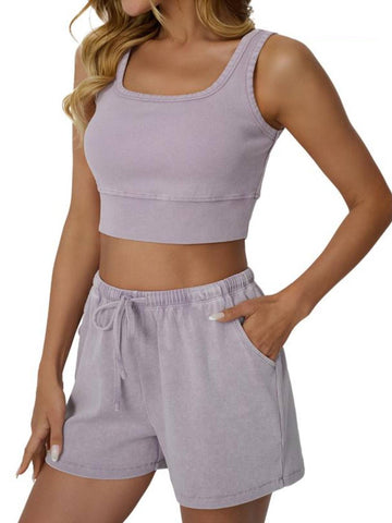 Womens Cropped Casual Acid Wash Ribbed Vest 2-Piece Set