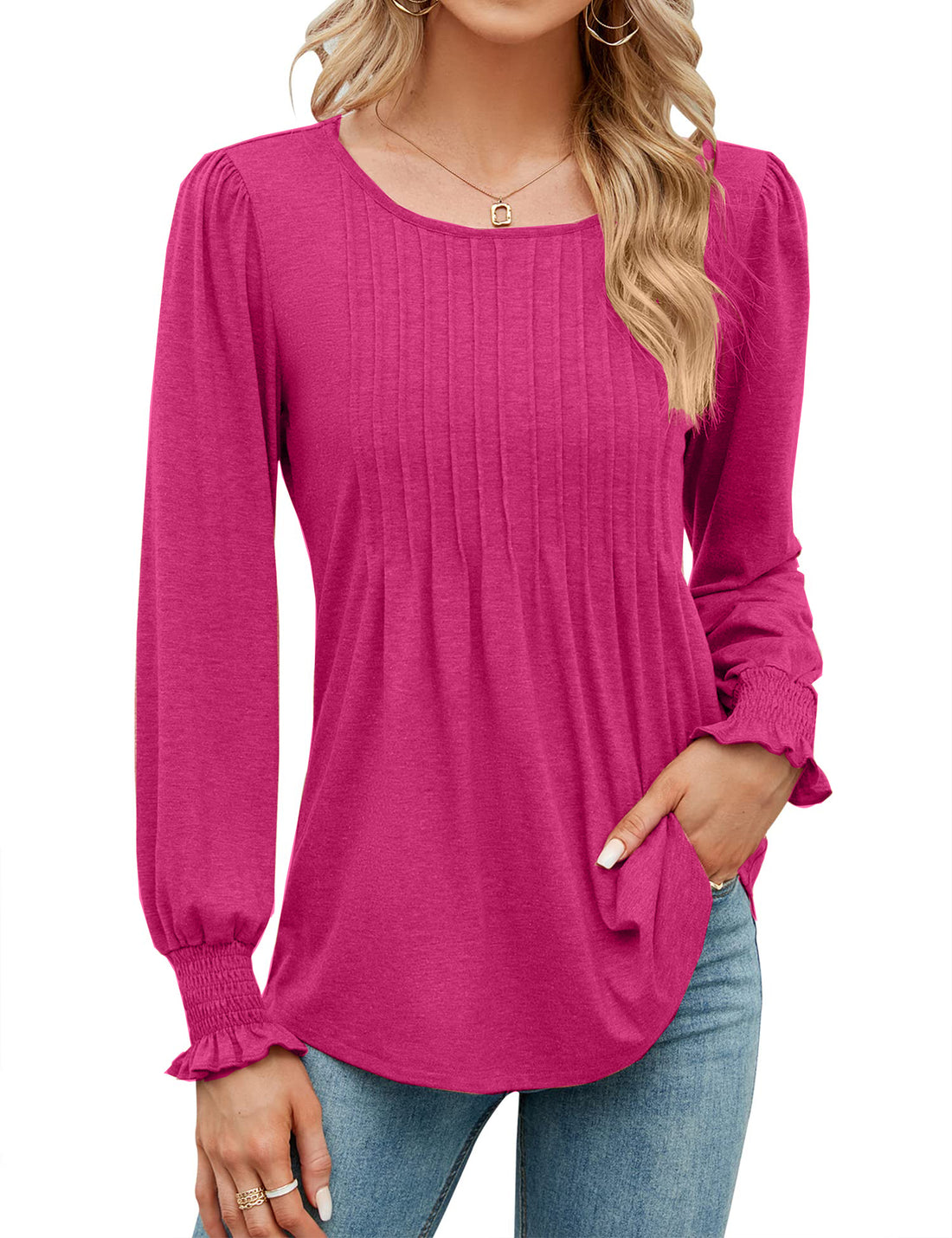 Women's Pleated Puff Long Sleeve Tunic Tops