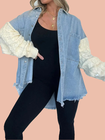 Cozy Sweater Sleeve Denim Shacket