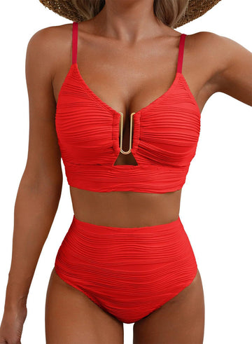 Women's U-Wire Cutout Swimsuit High Waisted Textured 2 Piece Bikini Set