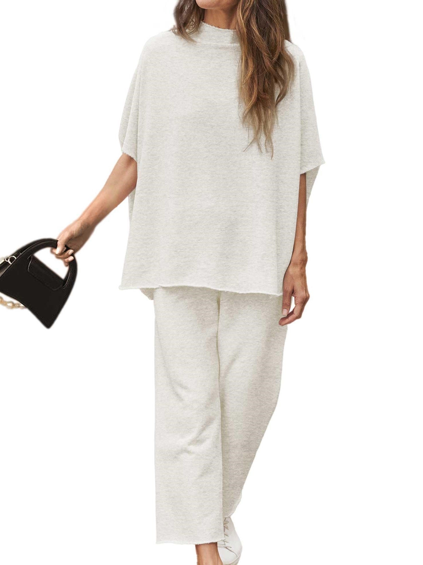 Women's 2 Piece Outfits 3/4 Batwing Sleeve Pullover Top Wide Leg Pants Lounge Set