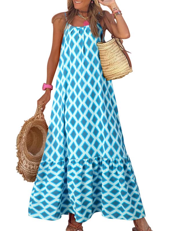 Casual Scoop Neck Spaghetti Strap Ruffle Flowy Long Dress