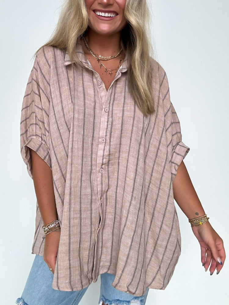Popular Oversized Striped Button Down Top Shirt Jacket
