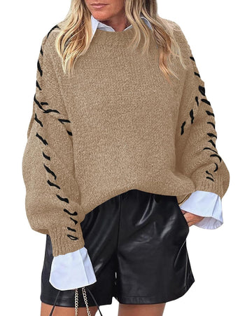 Women's Round Neck Contrast Binding Drop Shoulder Sweater