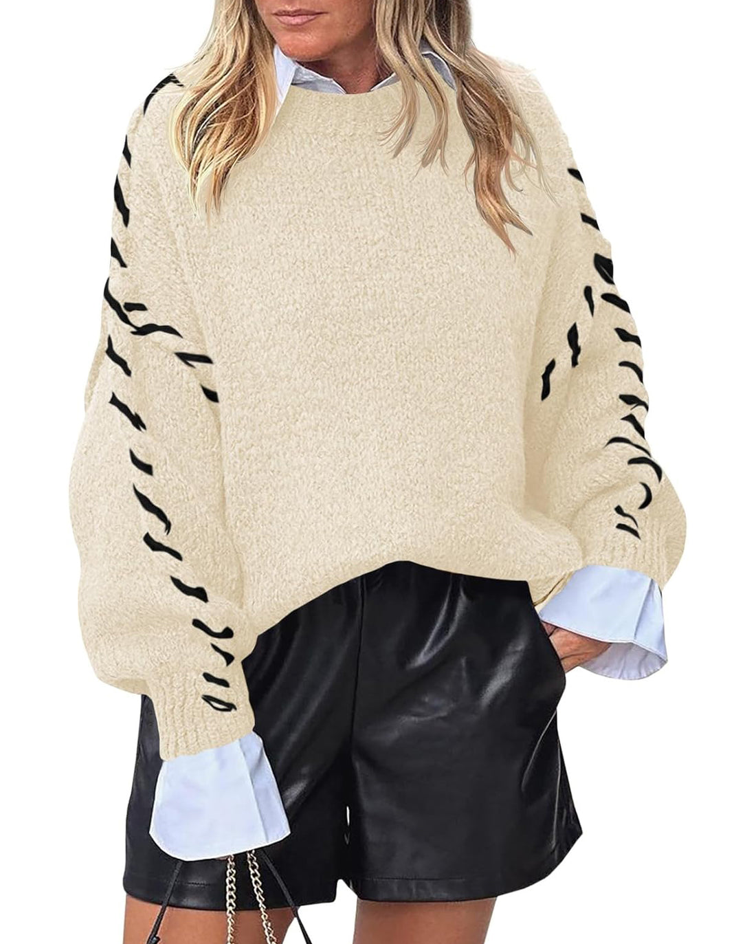 Women's Round Neck Contrast Binding Drop Shoulder Sweater
