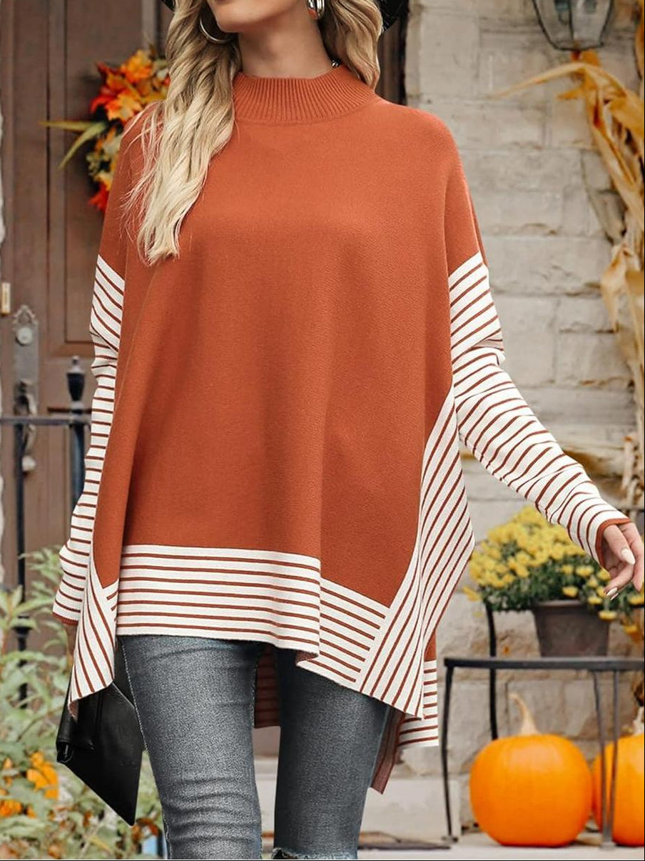 Women's Bat Sleeve Striped Top Side Slit Sweater