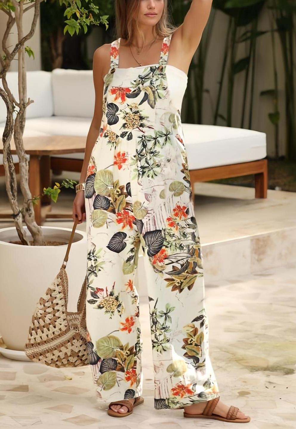 Women's Loose Floral Print Patchwork Double Pocket Jumpsuit