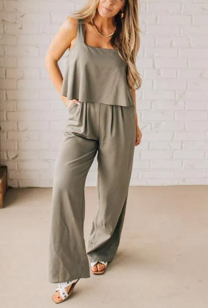 Women's Summer Square Neck Suspender Wide Leg Pant Set