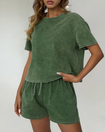 Women's Casual Acid Wash Short Sleeve Shorts Two Piece Set