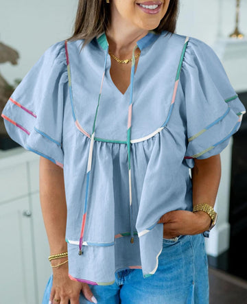 Women's V-neck Cropped Lantern Sleeve Babydoll Shirt Top