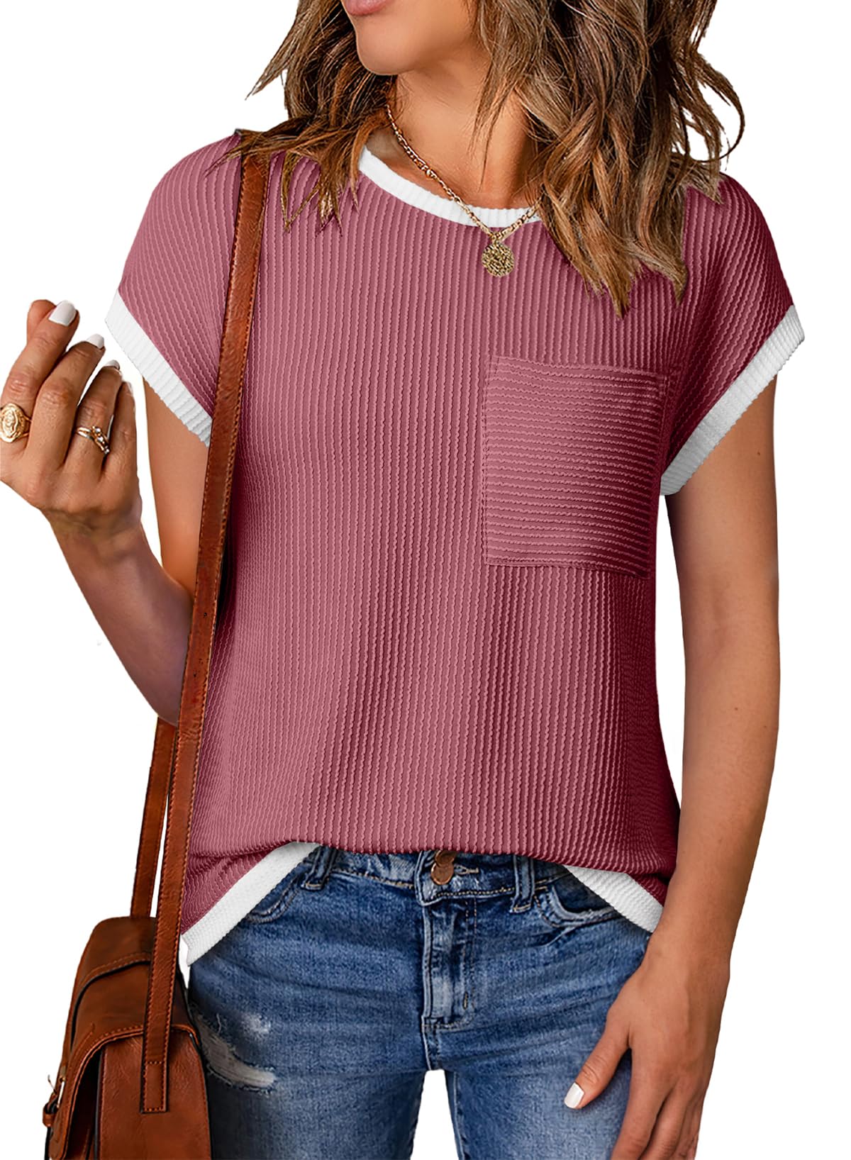 Women's Short Sleeve T Shirts Crewneck Color Block Ribbed Knit Tee