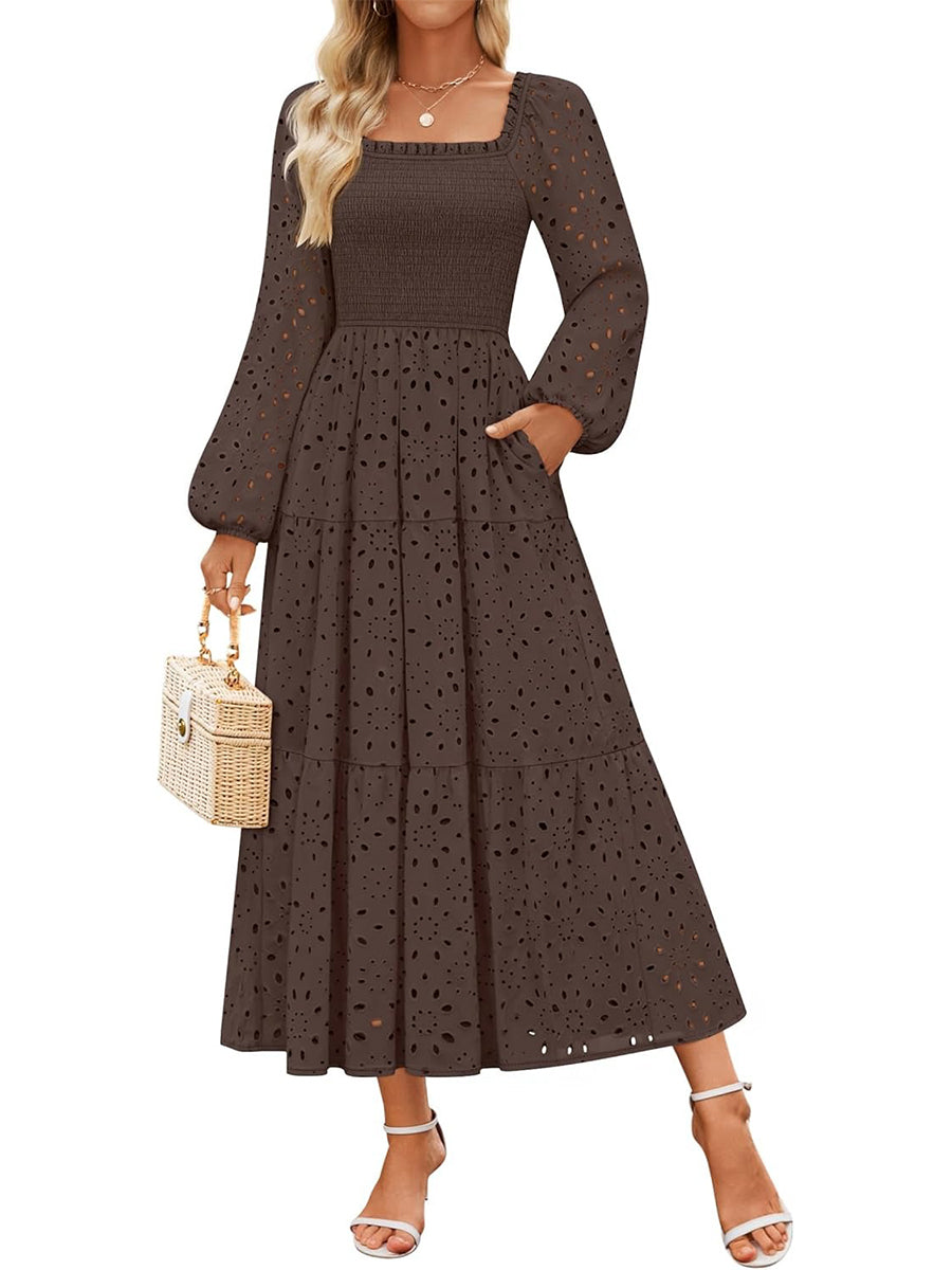 Women's Square Neck Hollow Out Eyelet Smocked A Line Flowy Maxi Dress