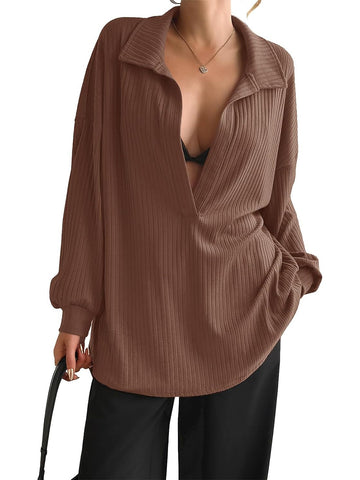 Womens Oversized Deep V Neck Sweatshirts Collared Long Sleeve Ribbed Knit Pullover Tops