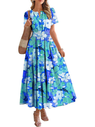 Women's Summer Floral Short Sleeve V Neck Elastic Waist Tiered Maxi Dress Pockets