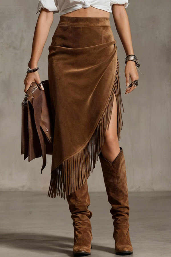 Fashionable Suede Tassel Irregular Casual Midi Skirt