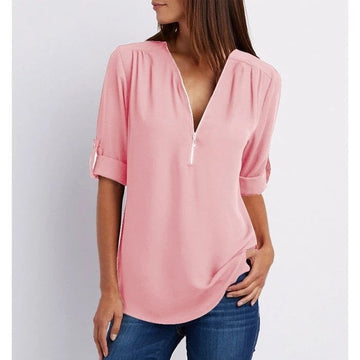 Women's Zip-Up V-Neck Half Sleeve Blouse with Versatile Style and Easy Care