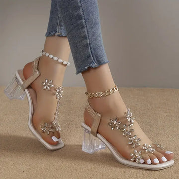 Women's Rhinestone Block Heel Sandals with Adjustable Straps and Cushioned Insole