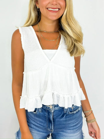 Women's V-Neck Patchwork Ruffle Hem Babydoll Tank Top