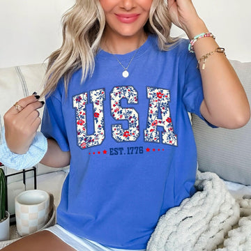 Women's Patriotic Floral USA Graphic Tee, Independence Day Shirt