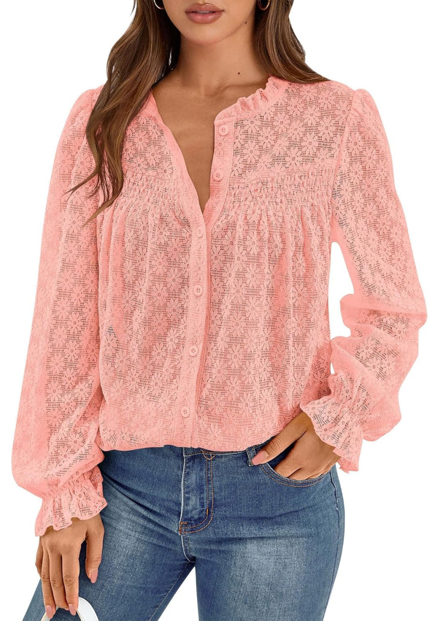 Women's Dressy Casual Lace Flower Hollow Long Sleeve Shirt