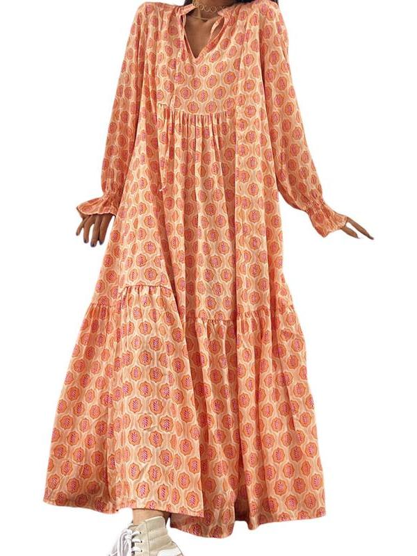 Women Fashion Print Tie-Up Front Long Sleeve V-Neck Dress