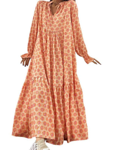 Women Fashion Print Tie-Up Front Long Sleeve V-Neck Dress