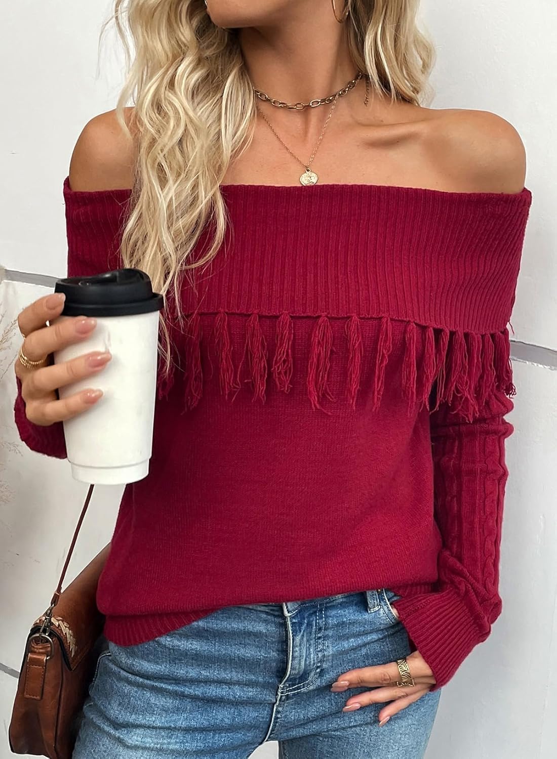 Womens Off The Shoulder Fringe Long Sleeve Sweater