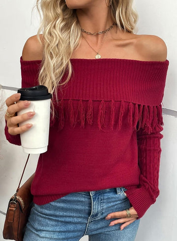 Womens Off The Shoulder Fringe Long Sleeve Sweater