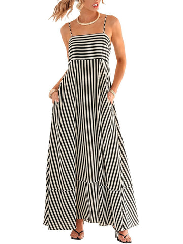 Women's Casual Spaghetti Strap Striped Beach Maxi Dress with Pockets