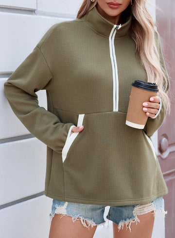 Womens Half Zip Waffle Knit Lightweight Mock Neck Pullover