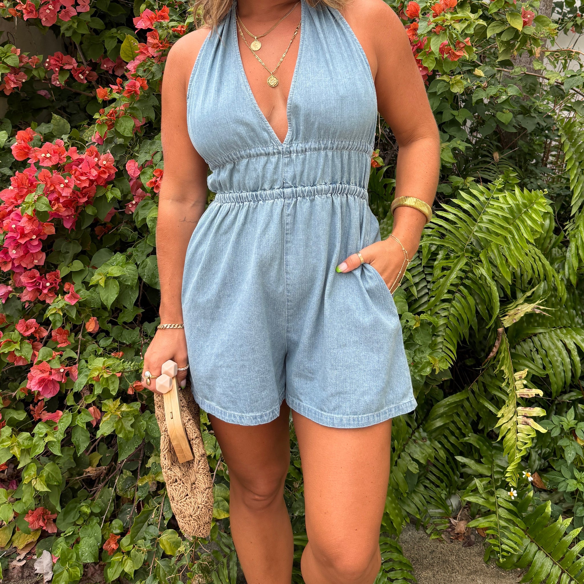 Women's Adjustable Back Tie Halter Denim Romper