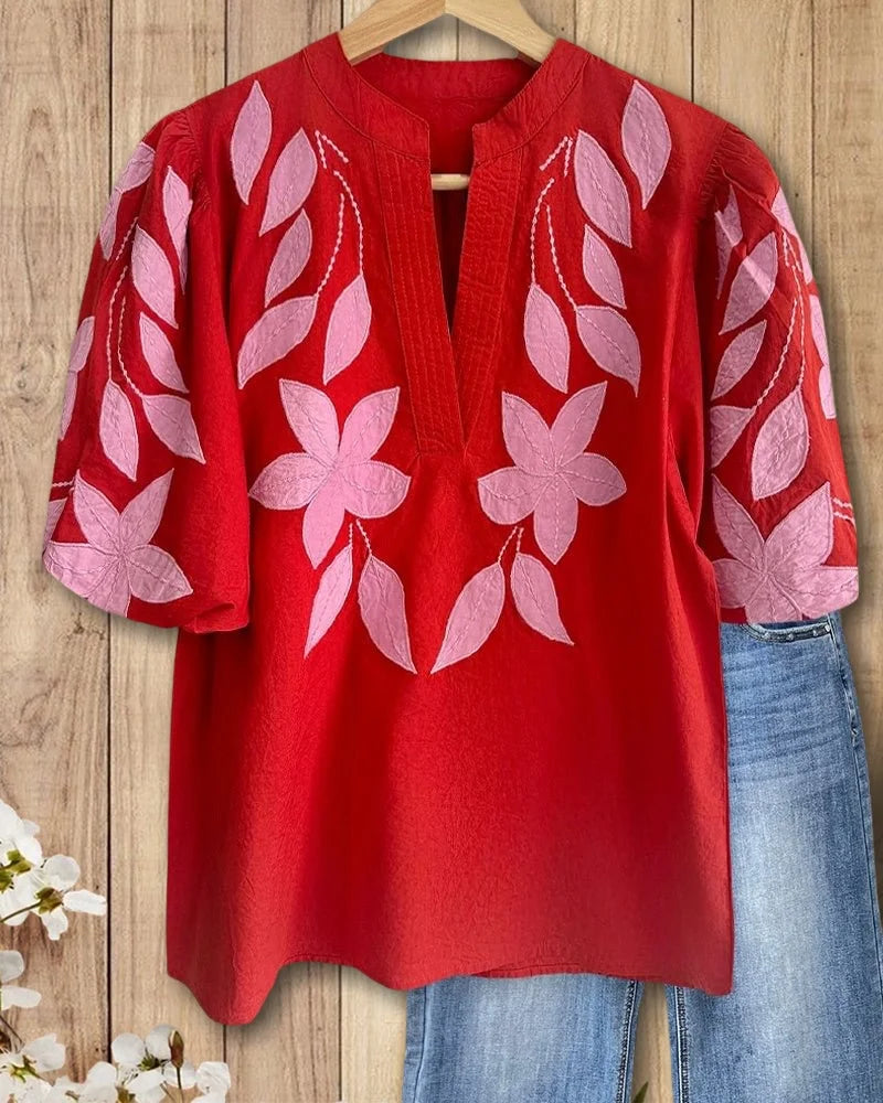Women's V Neck Puff Sleeve Floral Embroidery  T-Shirt