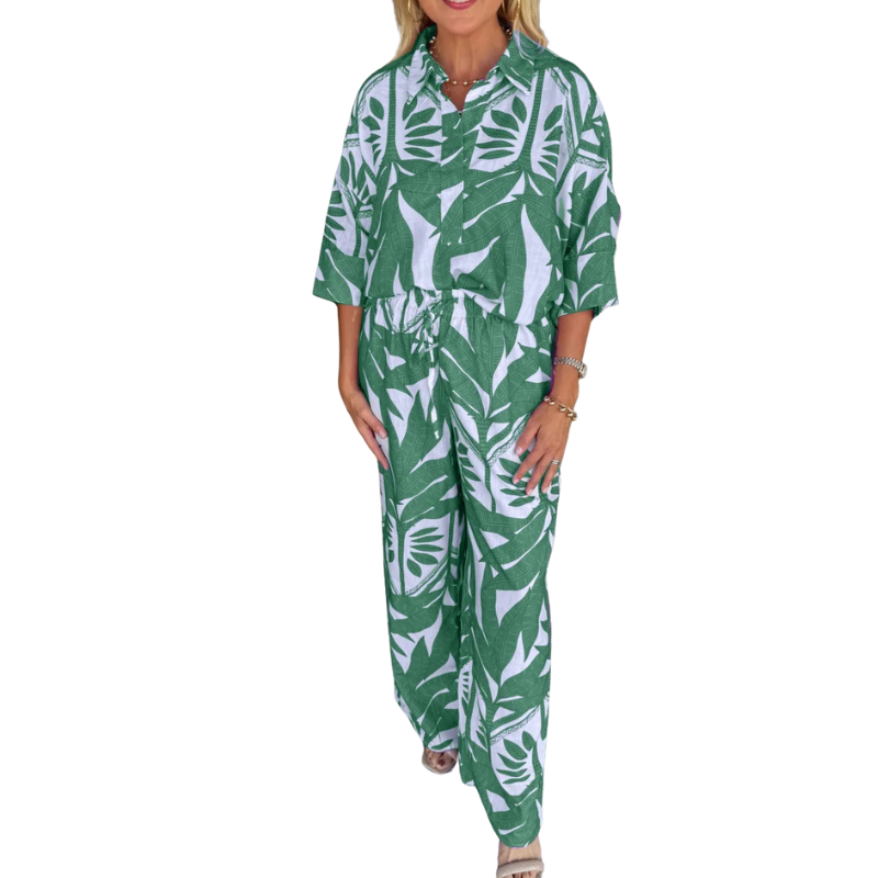 Women's Leaf Print V-Neck Top Wide Leg Pants Set