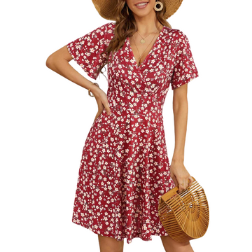 Women's Floral Short Sleeve Wrap V Neck A-Line Midi Dress
