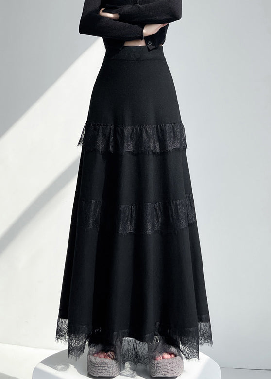 Black Original Design Lace Patchwork Knit A Line Skirts