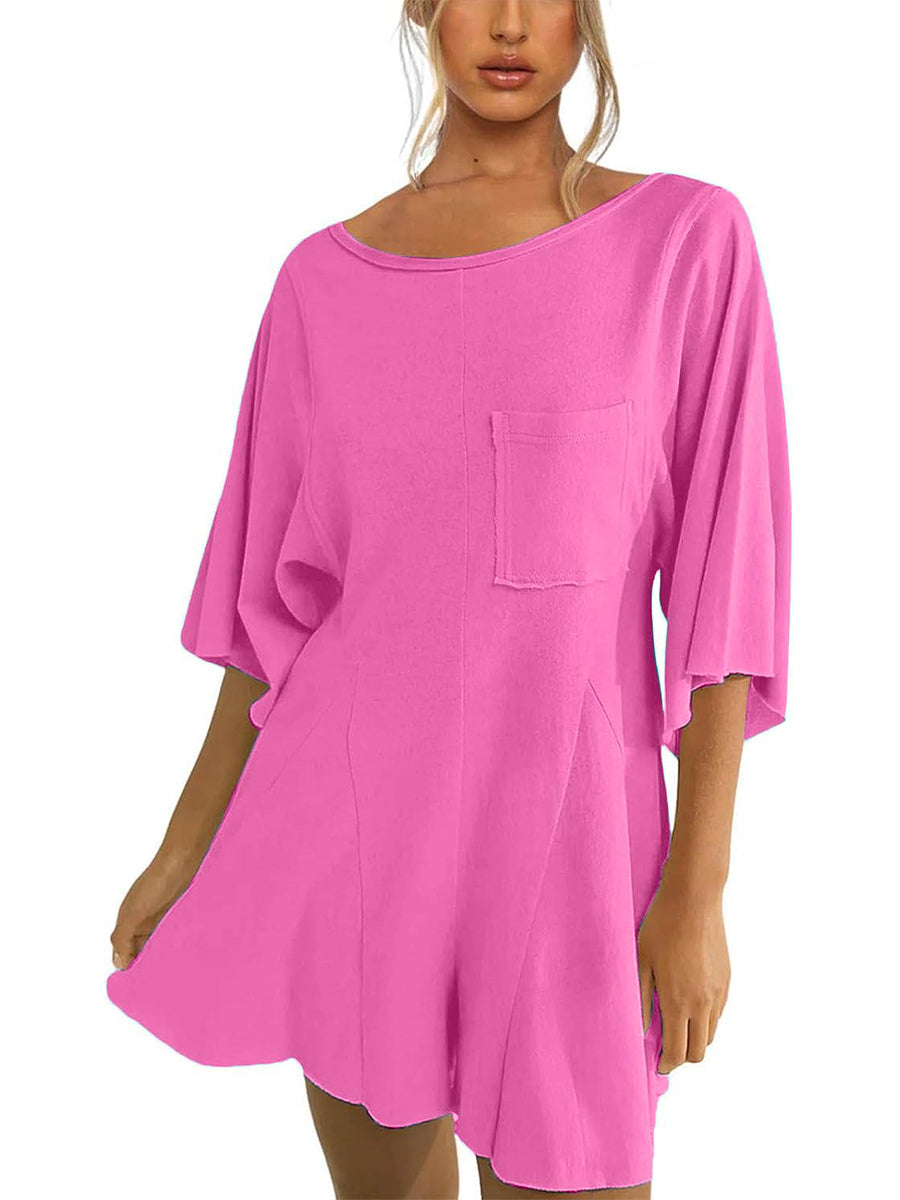 Women's Short Sleeve Loose Ruffled Short Romper Dress with Pocket